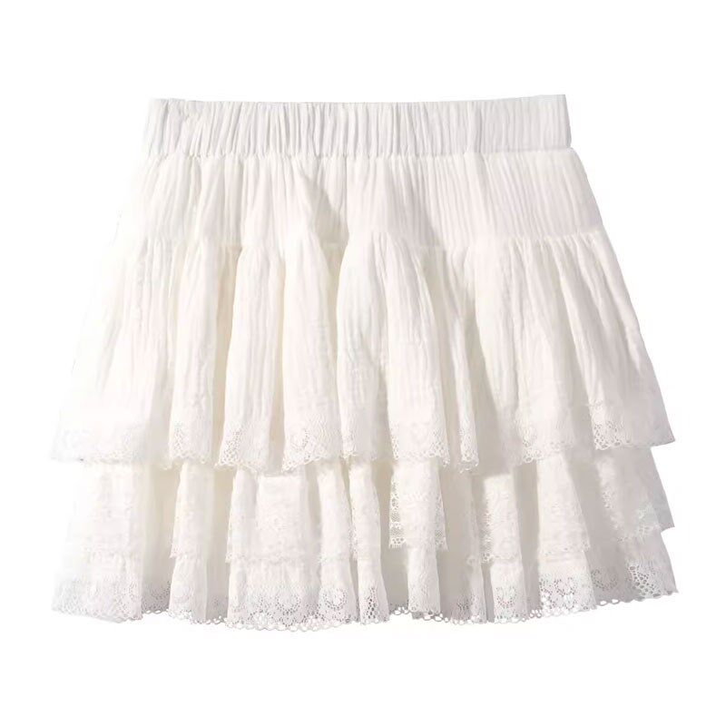 法式芭蕾风蓬蓬蛋糕裙女夏大码胖MM荷叶边短裙高腰a字蕾丝半身裙
