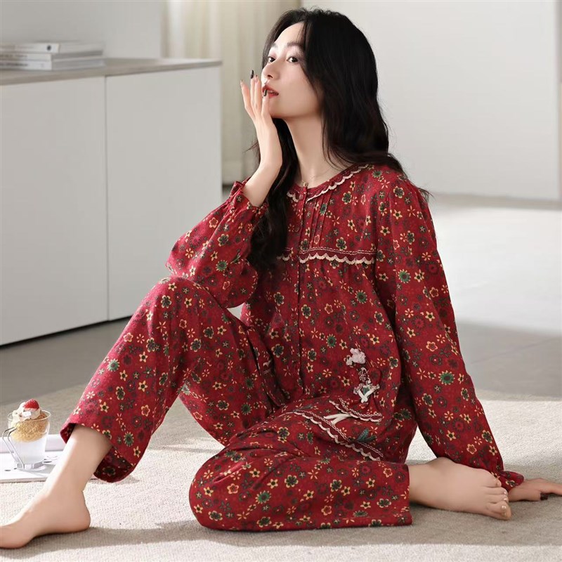 睡衣女士春秋薄款本命年新款红色高级感碎花圆领开衫家居服可外穿