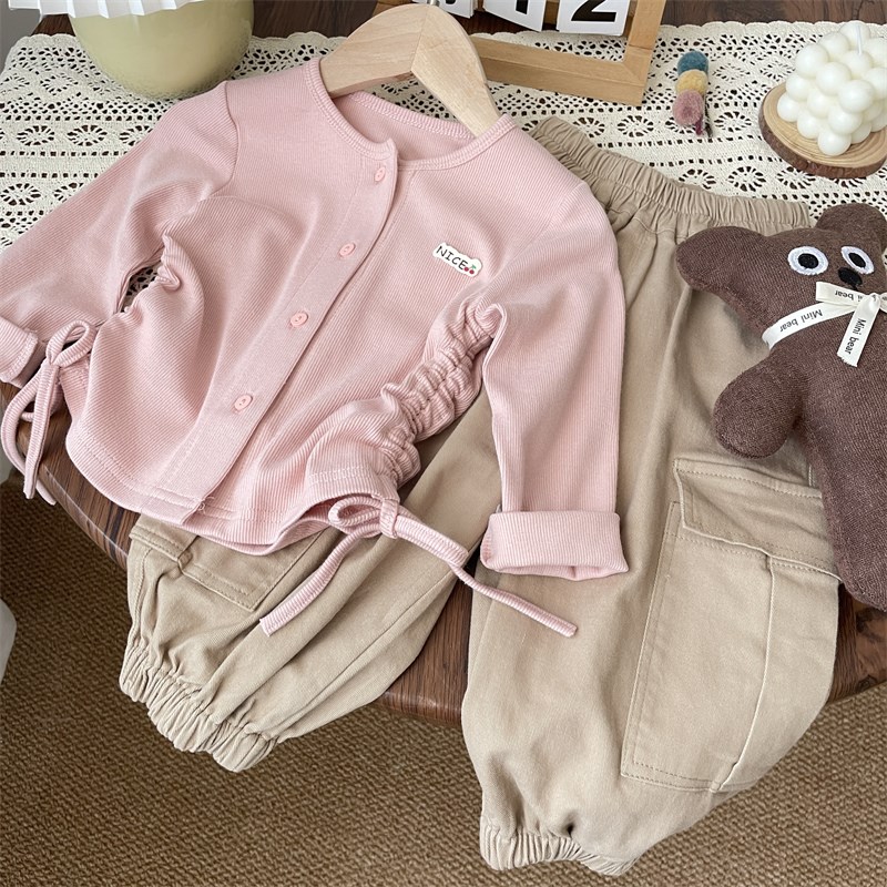 春秋女童女宝抽绳休闲长袖t恤小童开衫上衣洋气白色儿童打底衫女