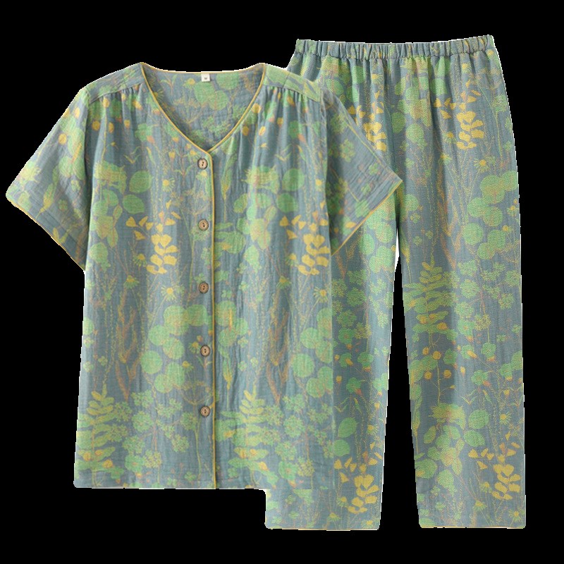 春夏薄款纯棉双层纱布女睡衣V领短袖七分裤复古提花可外穿家居服