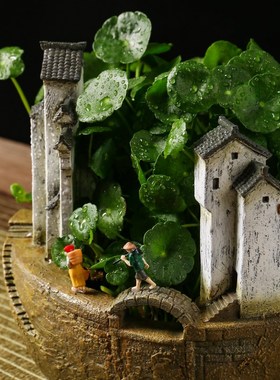 徽派中式复古水培花盆摆件铜钱草植物茶洗一叶莲个性花盆茶几装饰