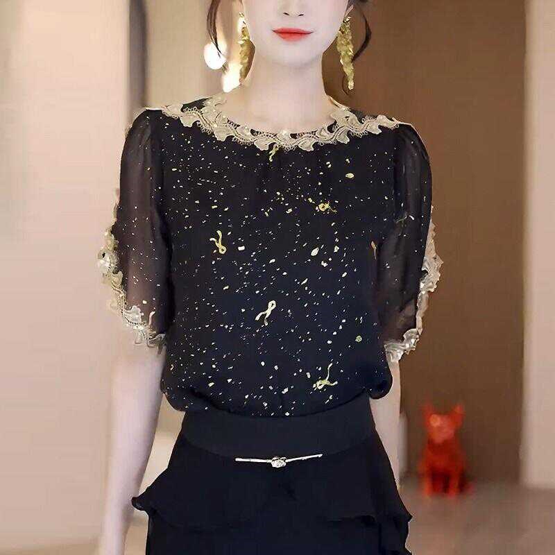 名媛风雪纺衫2024夏装新款高档气质设计感衬衫薄款套头短袖上衣女