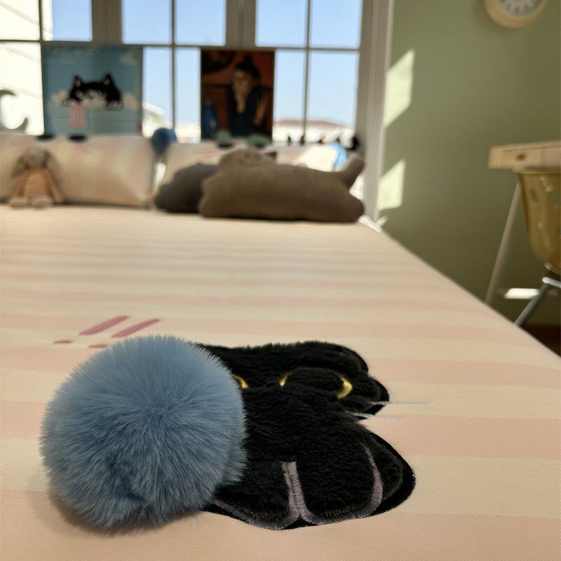 少女心粉条纹小黑猫毛球球夏季凉席三件套空调席软席三件套可水洗