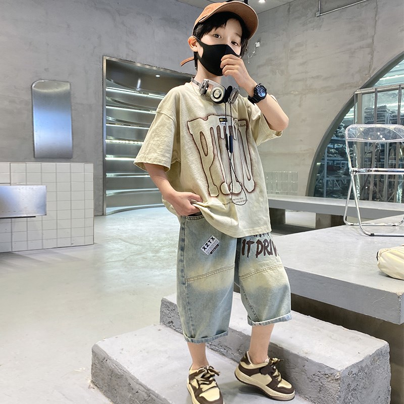 男童夏装套装2024新款宽松中大童夏季条纹短袖休闲纯棉两件套潮酷