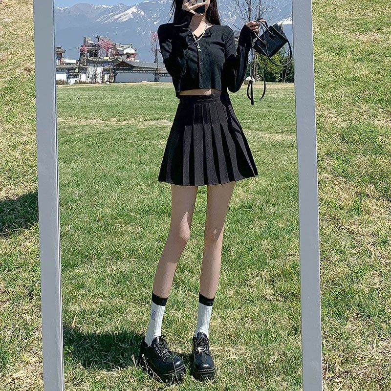 百褶裙女春夏高腰a字裙显瘦半身裙学生灰色西装面料学院风短裙裤