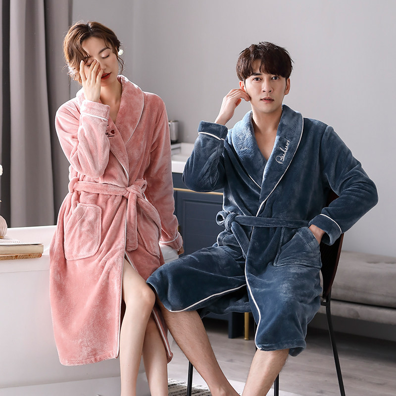 秋冬季珊瑚绒情侣睡袍睡衣女士加绒加厚浴袍中长款法兰绒春秋男款