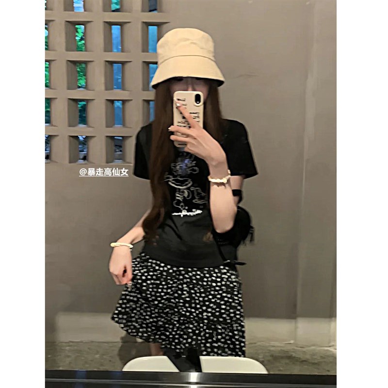 175高个子黑色碎花短裙女夏季高腰a字显瘦半身裙芭蕾风波点蛋糕裙