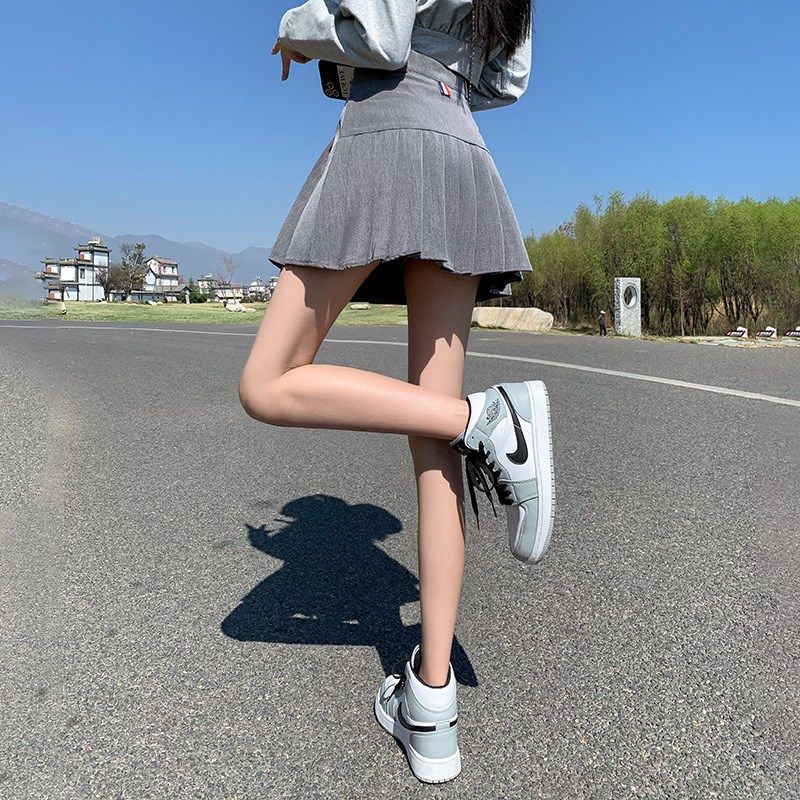 百褶裙女夏季高腰a字裙显瘦半身裙学生灰色西装面料学院风短裙裤