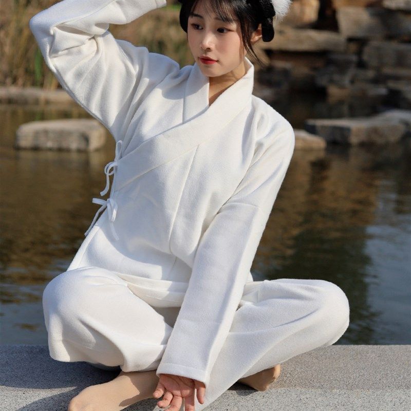 汉服加绒加厚中衣裤秋冬保暖内搭日常居家上衣裤子白色男女交领现