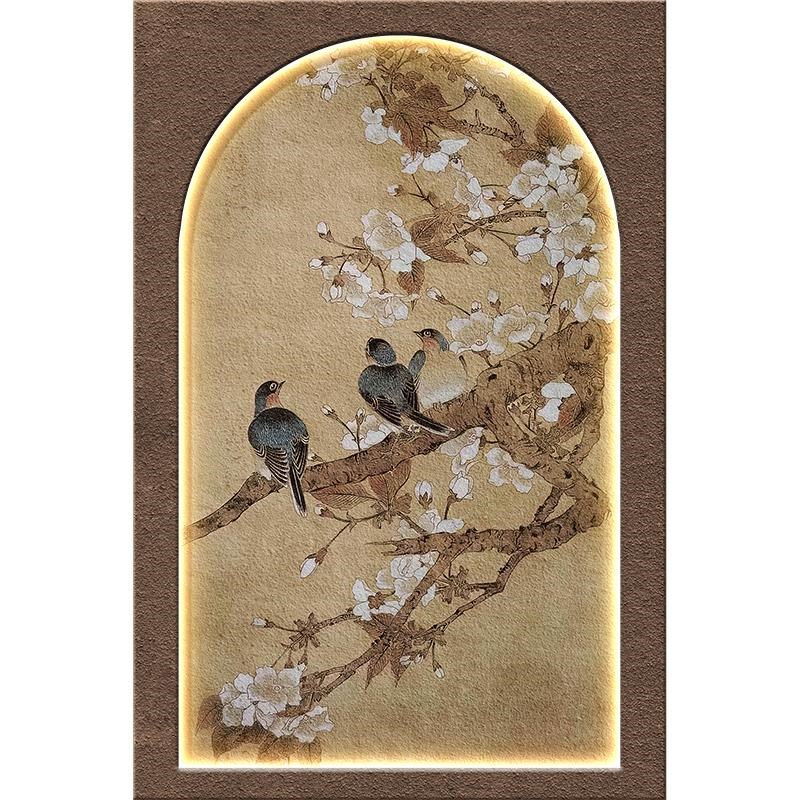中古风客厅装饰画中式复古花鸟沙发背景墙挂画立体肌理玄关壁灯画