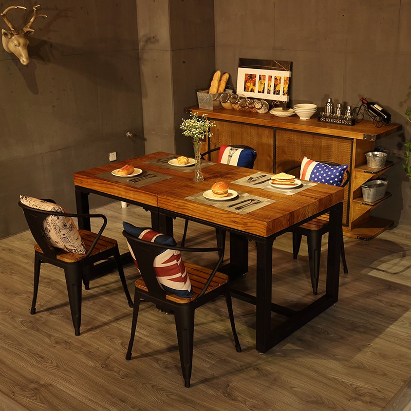 美式正方形餐桌椅组合小户型实木铁艺四方桌子复古餐厅家具工业风