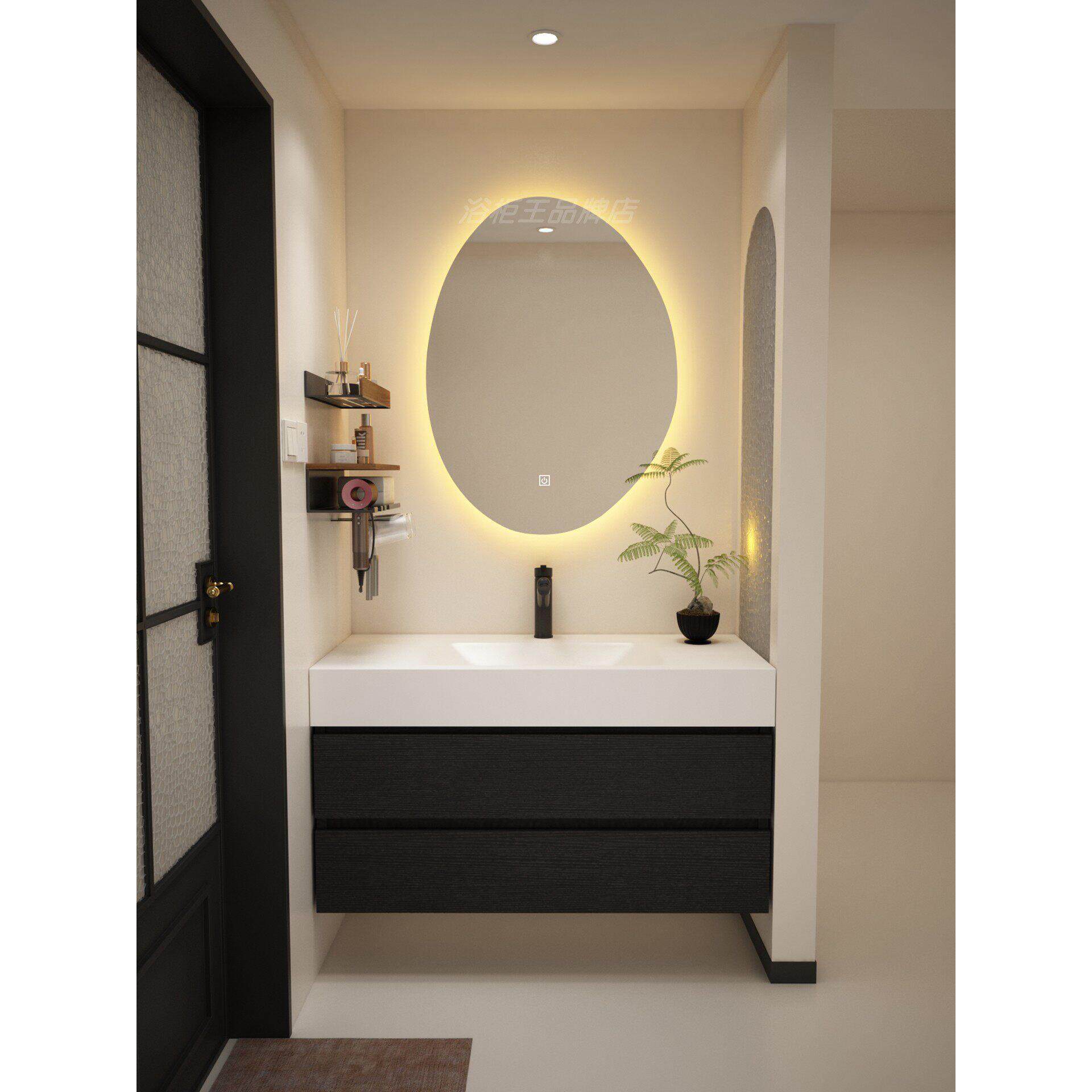 黑色浴室柜组合卫生间洗漱台法式洗手池岩板热弯一体洗脸盆中古风