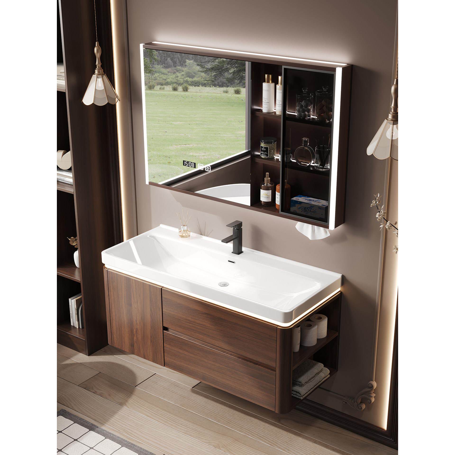 中古风胡桃木色浴室柜组合卫生间陶瓷一体海洋大盆洗手脸池洗漱台
