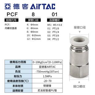亚德客气动气管快速接头PCF4M5 6M5 601 801 802分内螺纹直通快插