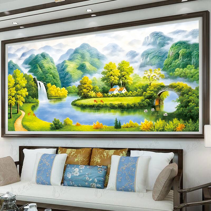 流水生财聚宝盆十字绣2023新款线绣客厅大幅山水画风景自己绣手工