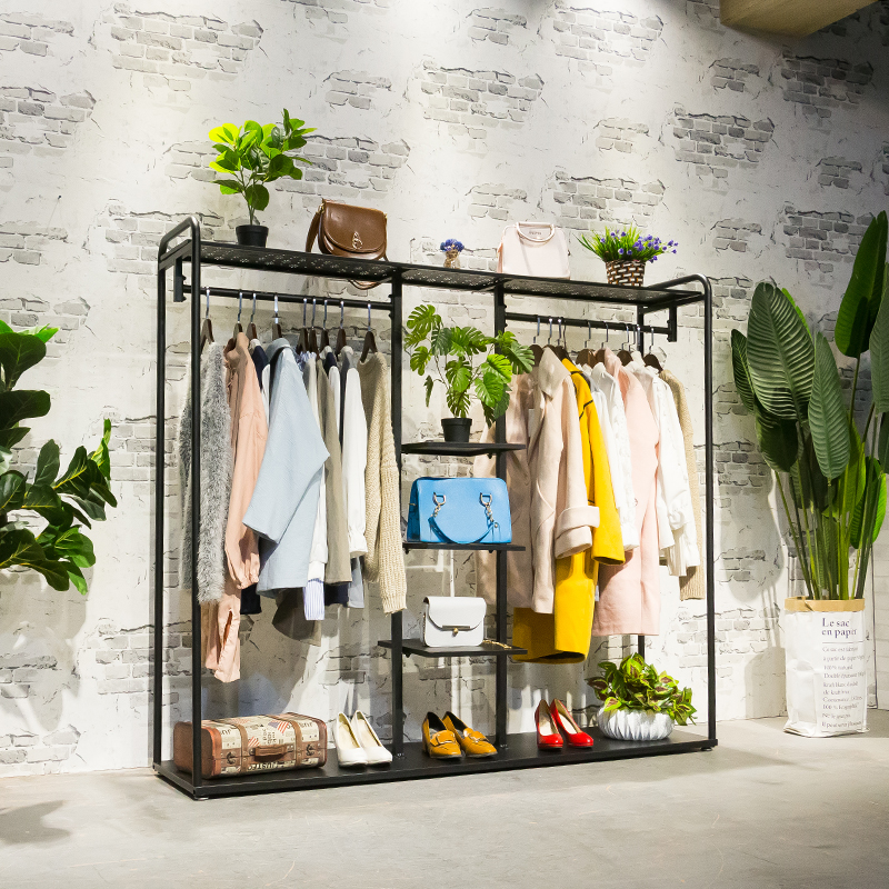 服装店衣架展示架女装店货架落地橱窗挂衣架中岛铁艺复古鞋包架子