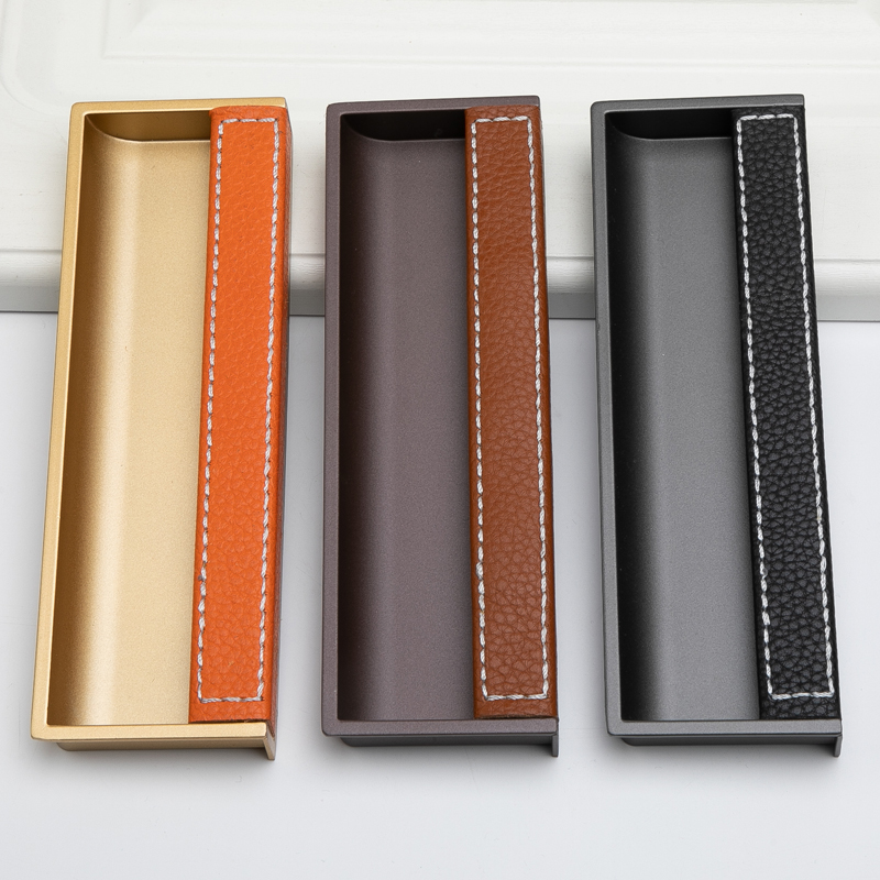 皮质抽屉内嵌暗装拉手灰色金色移门隐形平拉手大衣柜门轻奢暗扣