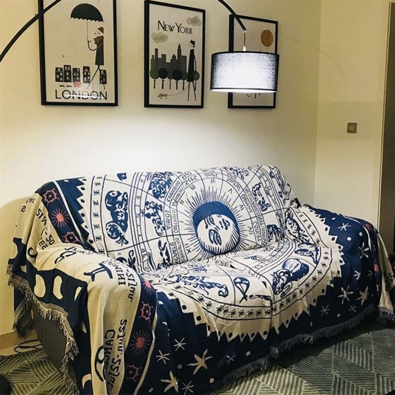 沙发毯 欧式沙发巾沙发巾针织罩 蓝白星座加厚地毯沙发垫