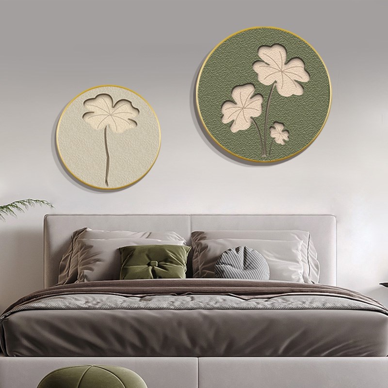 侘寂风圆形卧室装饰画主卧房间床头墙壁画银杏叶法式奶油客厅挂画图片