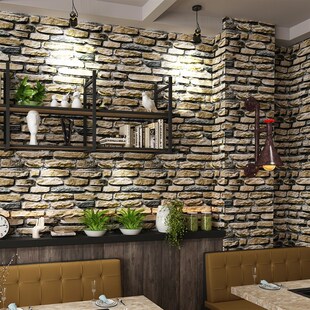 复古文化石墙纸D立体仿石头纹烧烤背景墙防水深色黑色壁纸