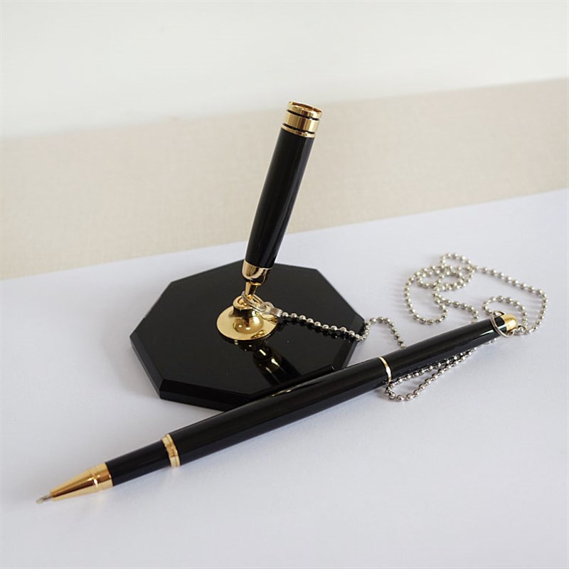 商务会议水性签约笔黑色水晶底座柜台笔创意金属带链固定签字笔