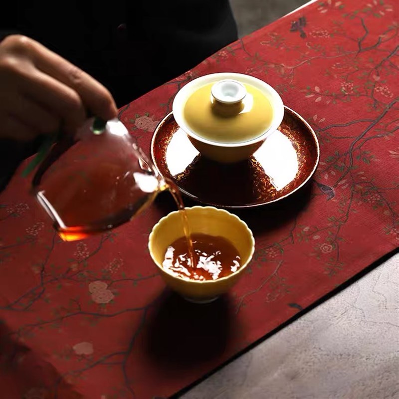 香云纱茶席布中国风复古红桌旗花鸟树枝古朴茶桌布文创茶桌垫杯垫
