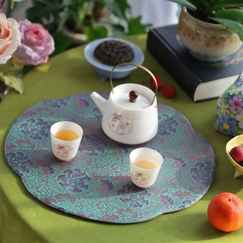 面加厚织锦一茶垫复古素雅茶道干泡席海棠型茶布桌垫