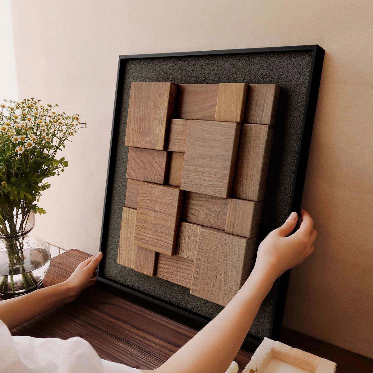 立体胡桃木实木意式极简装饰画 画2025新款法式客厅玄关高级感挂