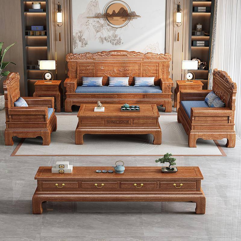 中式金花梨木全实木沙发客厅2025新款雕花菠萝格仿古红木高端家具