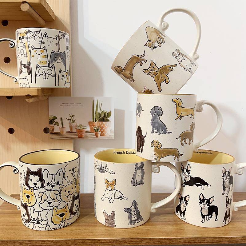 釉下彩腊肠狗狗650ML大容量马克杯带盖子勺手绘陶瓷杯子喝水杯可