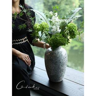 契阔家居 花开富贵法式手绘陶瓷花瓶复古高级感客厅玄关摆件