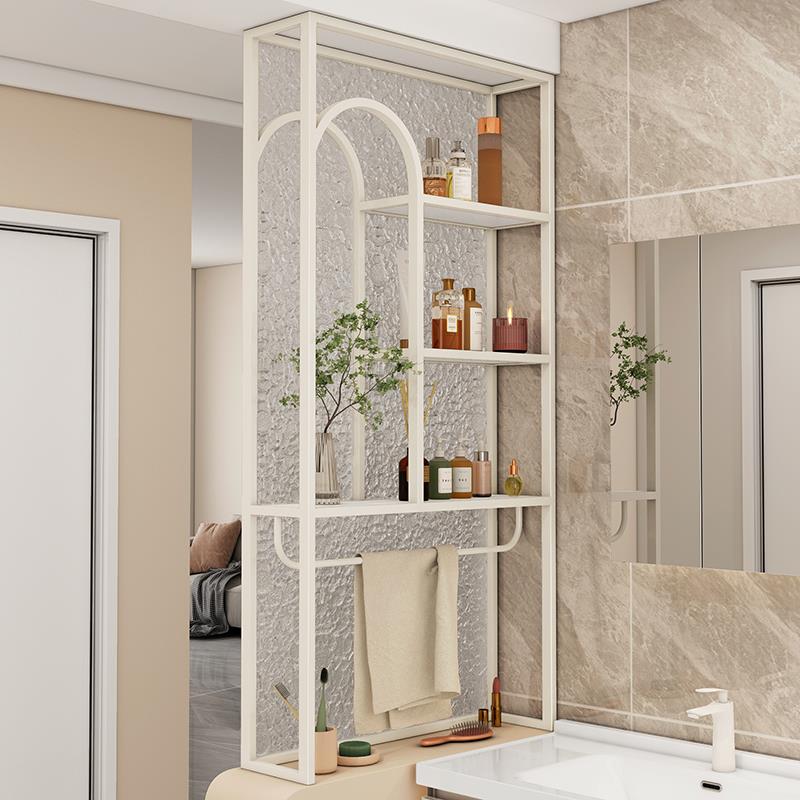 奶油风水波纹玻璃半墙卫生间洗手台隔断挂毛巾置物架装饰遮挡屏风