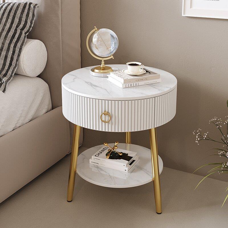 奶油风客厅沙发简约侧边柜现代家用卧室圆形床头柜带抽屉岩板边几