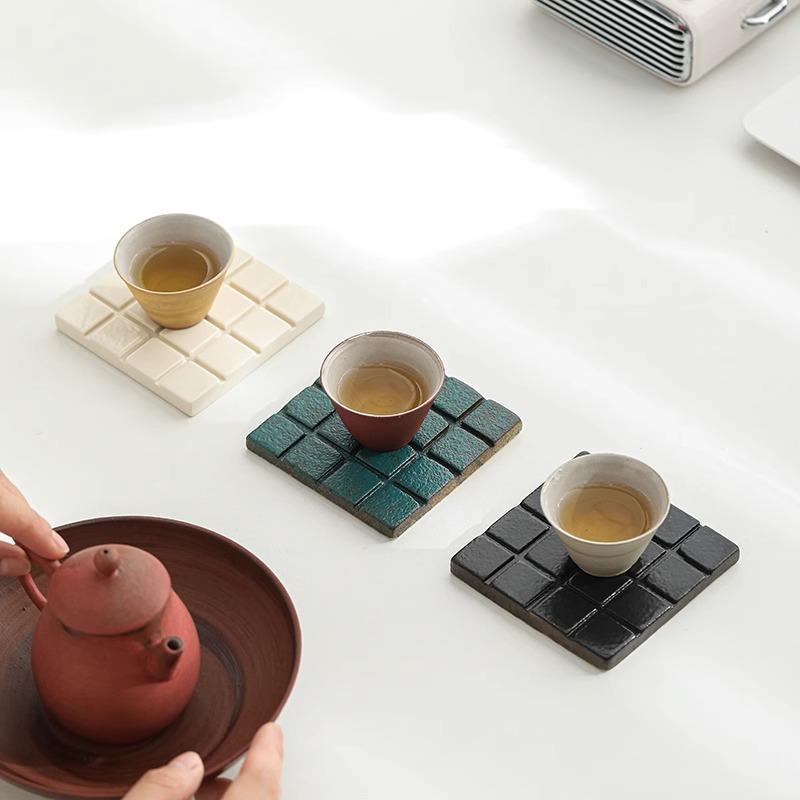 ins白色陶瓷巧克力杯垫马赛克咖啡隔热方形防烫家用茶道茶杯垫