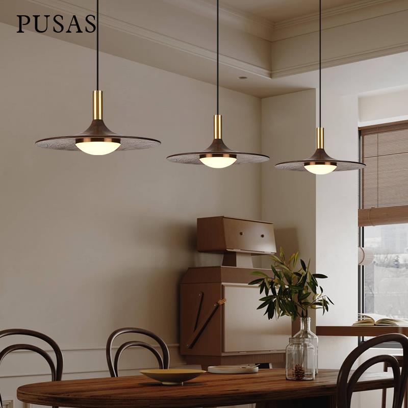 中古飞碟吊灯餐厅灯三头新款设计师法式复古全铜胡桃色实木吧台灯