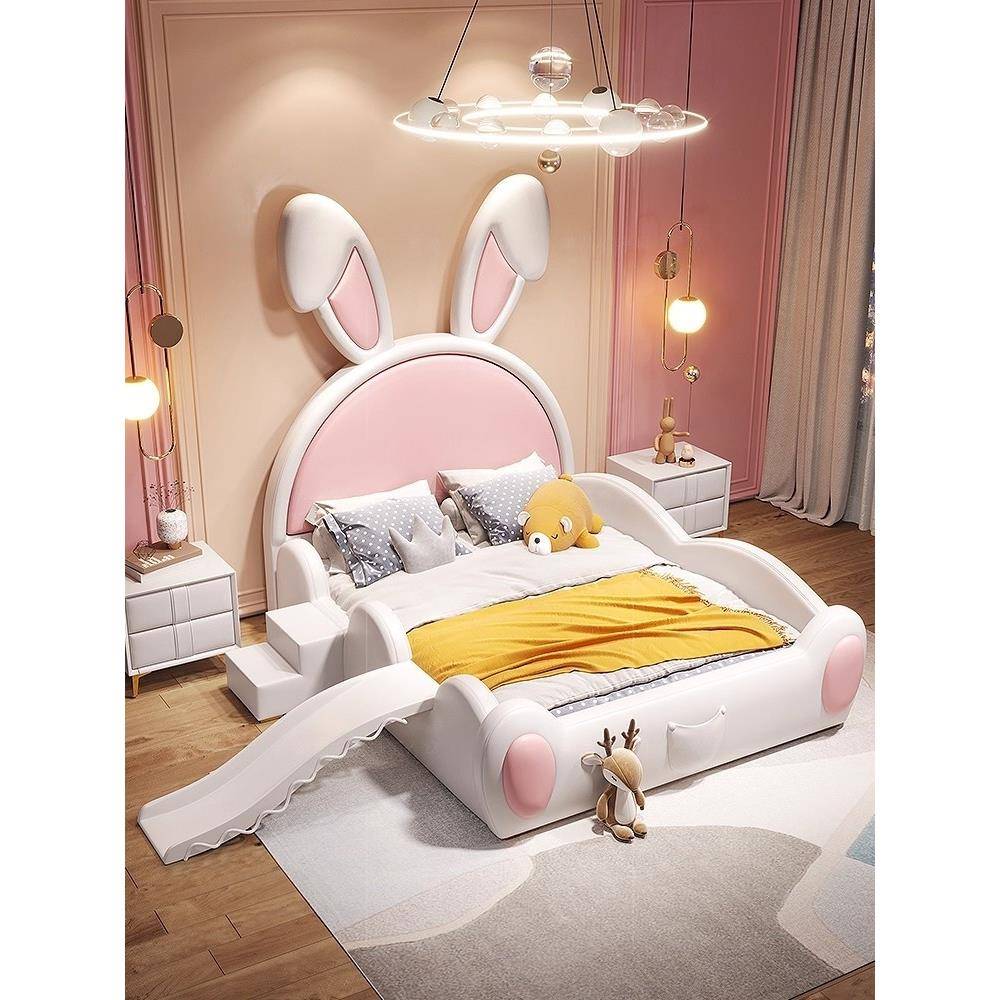 兔子儿童床女孩护栏床粉色女童公主床软包实木单人小床宝宝滑梯床