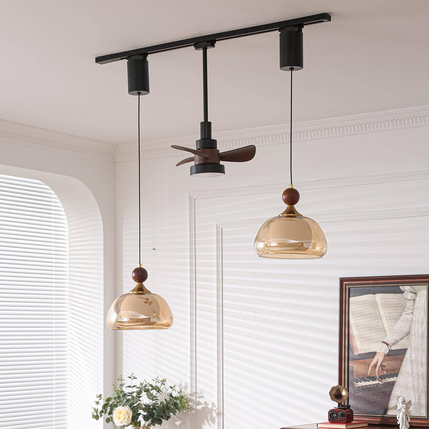 餐厅吊灯法式中古可升降悬停轨道风扇灯具可移位吧台餐桌玻璃吊灯