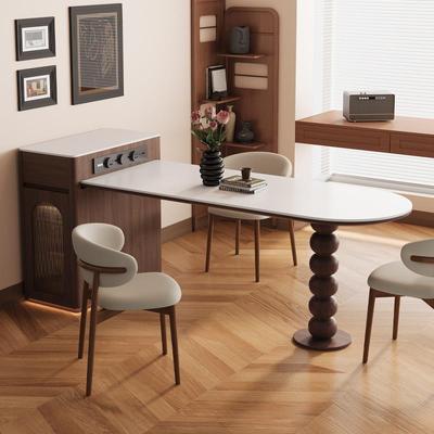 小户型岛台餐桌一体家用可伸缩2025新款中古风实木弧形倒台胡桃木