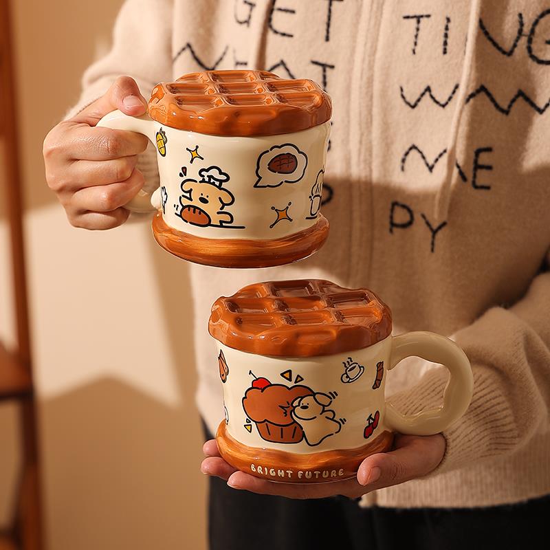 华夫饼马克杯带盖子2025新款水杯女生办公室超好看的杯子陶瓷情侣