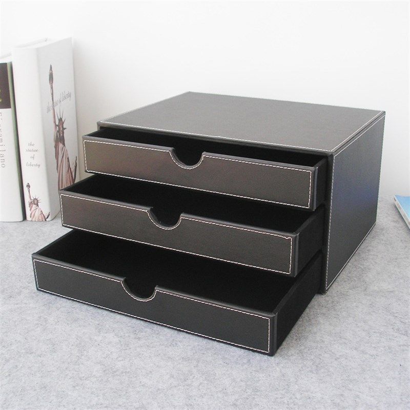 商务办公桌面文件柜A4文件收纳柜文件资料抽屉柜皮革高档柜子黑色