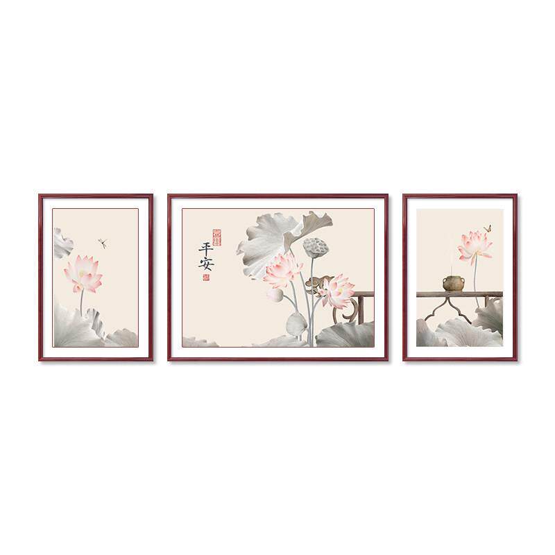 新中式荷花客厅装饰画 画国风沙发背景墙三联画 画2025年新款壁画
