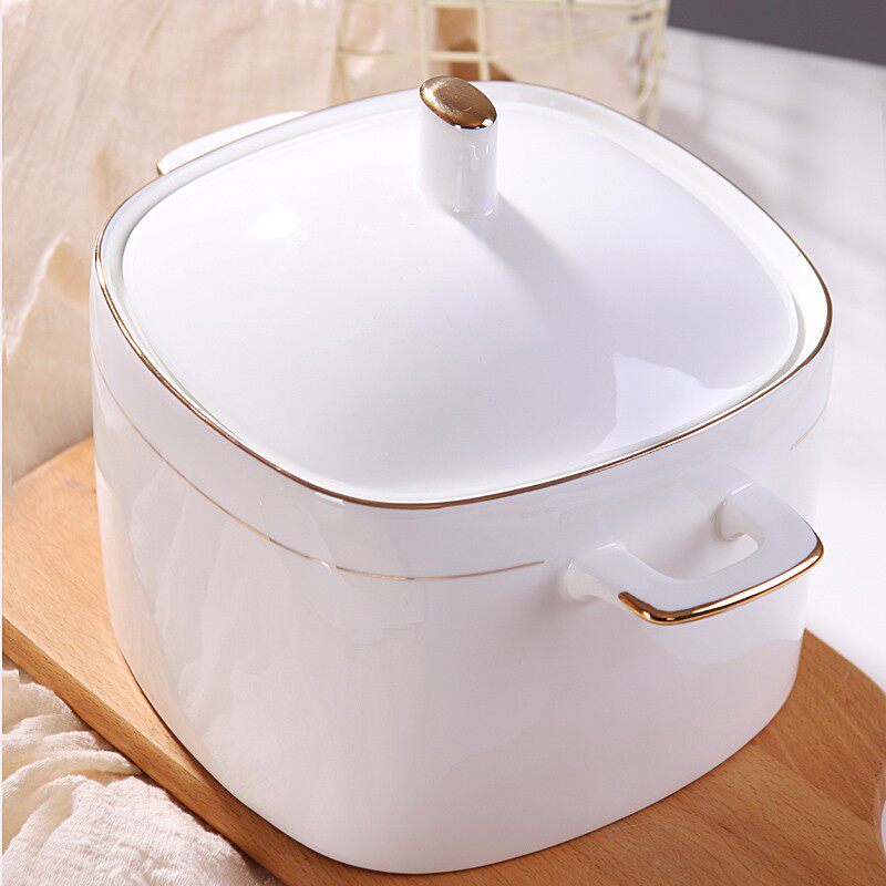 景天合金边带盖汤盆汤锅家用双耳大碗大号骨瓷汤碗宫廷煲陶瓷品锅