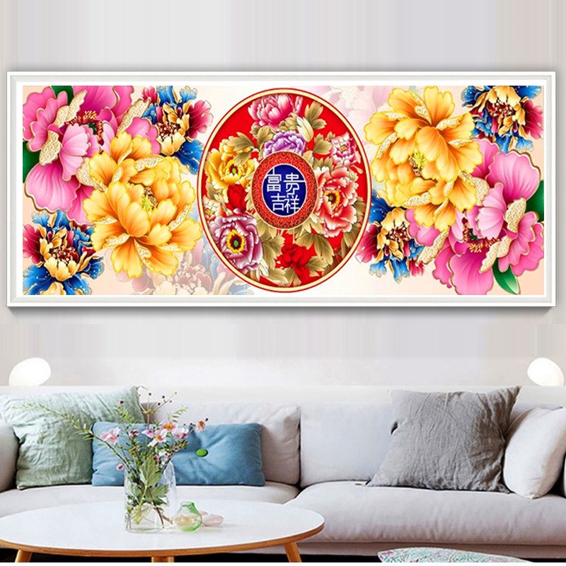 富贵吉祥图铜钱版十字绣2025新款牡丹花开富贵线绣挂客厅卧室