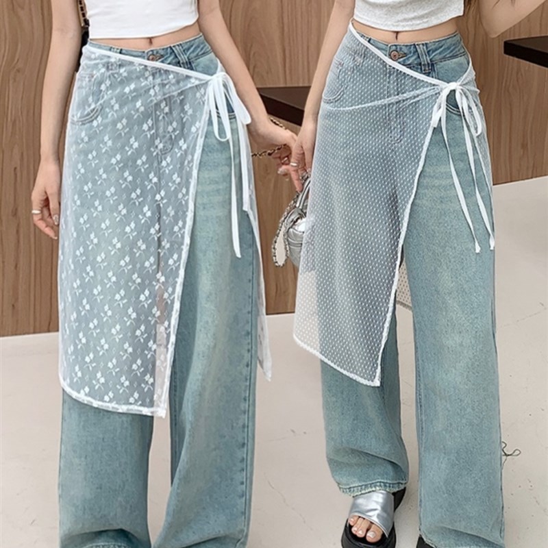 白色蕾丝半身裙女2024新款夏季裙帘设计感绑带一片式牛仔裤屁帘纱