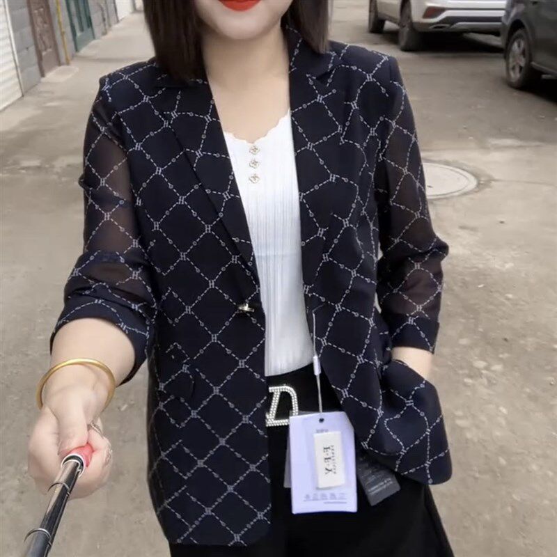格子网纱夏装小西装外套女七分袖防晒衣2025显瘦妈妈修身透气西服