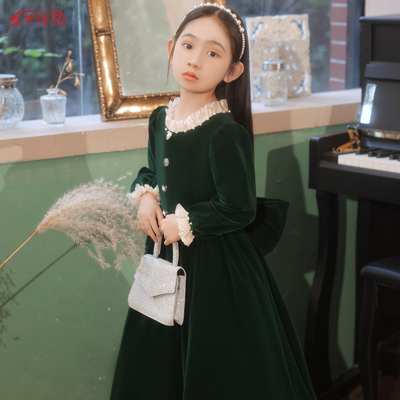 女童晚礼服绿色公主裙儿童高端钢琴演奏主持人花童演出服长袖冬季