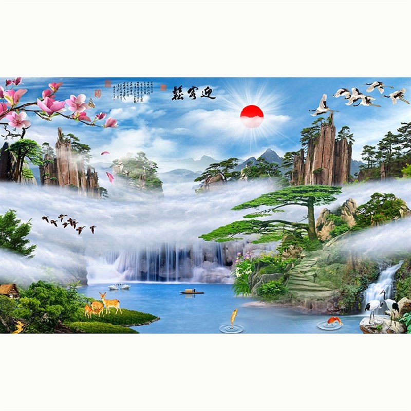 高清晰横幅版式风景山水迎客松鹤竹子流水生财图背景墙壁装饰贴画