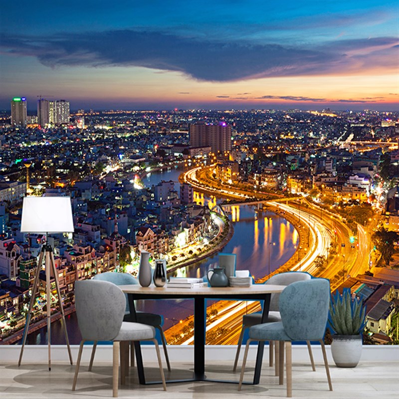 城市夜景3d墙纸自粘立体贴纸装饰建筑高楼贴画墙贴墙面墙壁背景墙图片