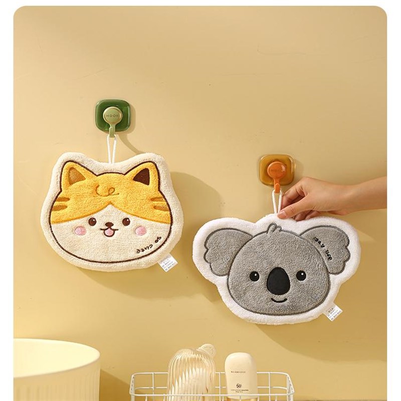 卡通动物可挂式擦手巾家用卫生间厨房吸水不掉毛珊瑚绒擦手毛巾