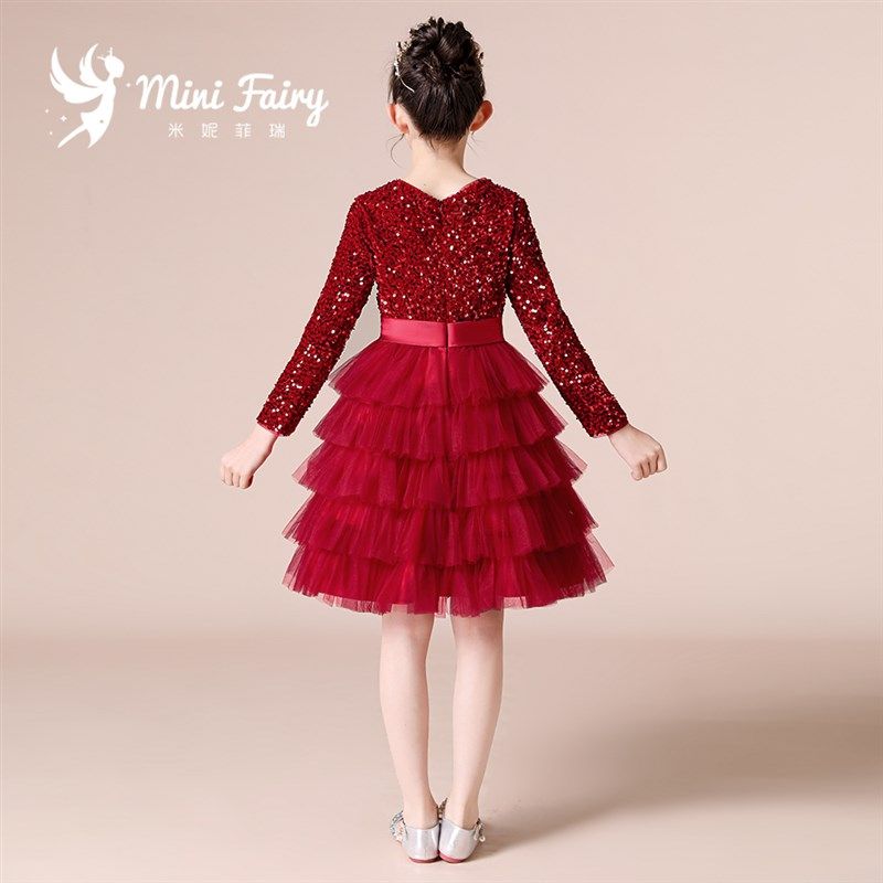儿童生日礼服女童长袖公主裙蓬蓬纱裙女孩主持人比赛红色礼服冬款